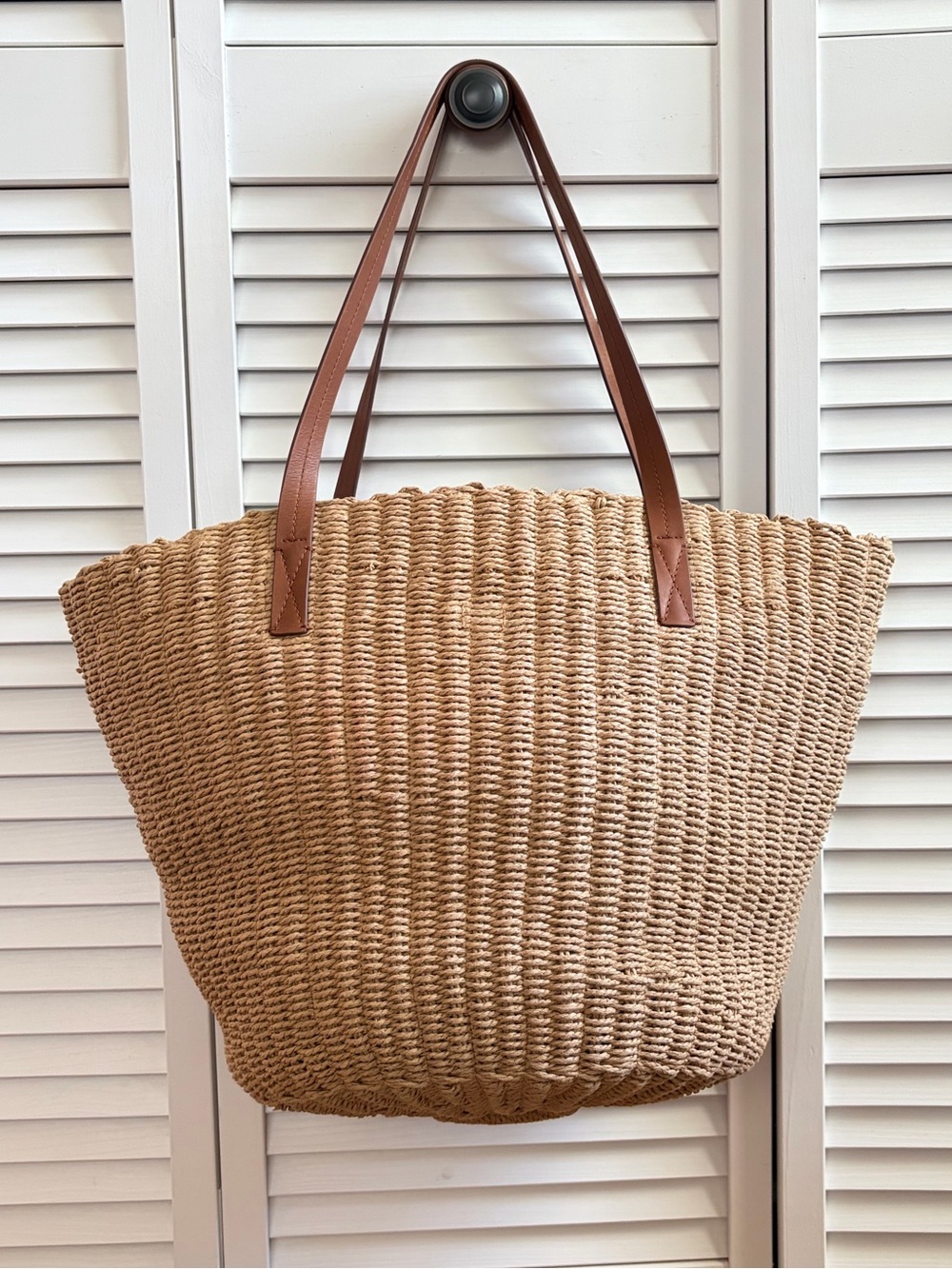 J. Crew Natural Straw Tote with Brown Leather Handles - Picture 2 of 10